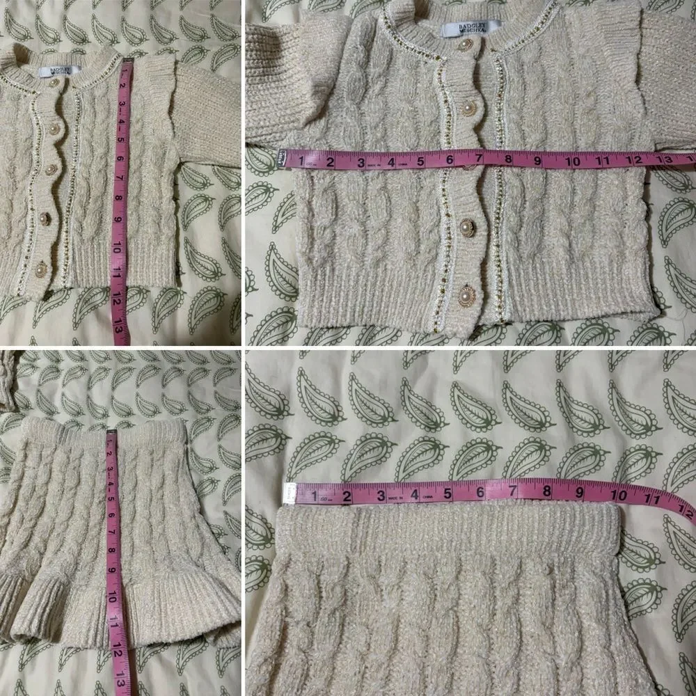 Badgley Mischka Cream Cable Knit Pearl Button Gold Metallic Sweater Set Girl 3T